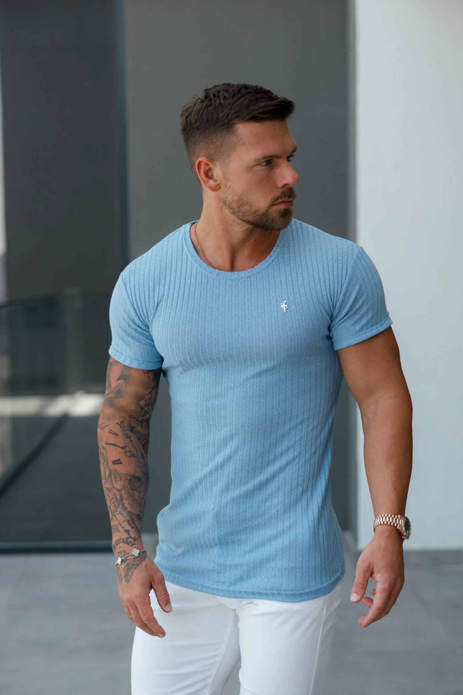 Father Sons Classic Light Blue / Silver Ribbed Knit Super Slim Short Sleeve Crew T-Shirt - FSH1087 - Image 8