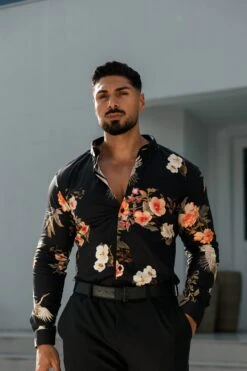 Father Sons Super Slim Stretch Black Crane Print Long Sleeve With Button Down Collar - FS772