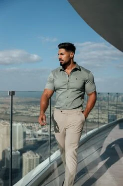 Father Sons Super Slim Stretch Sage Green Denim Short Sleeve With Metal Buttons And Decal - FS1021