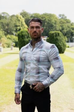 Father Sons Super Slim Stretch Aqua Check Print Long Sleeve With Button Down Collar - FS914