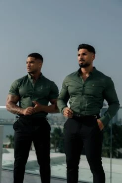 Father Sons Super Slim Stretch Khaki Denim Short Sleeve With Gold Metal Decal And Button Down Collar - FS1043