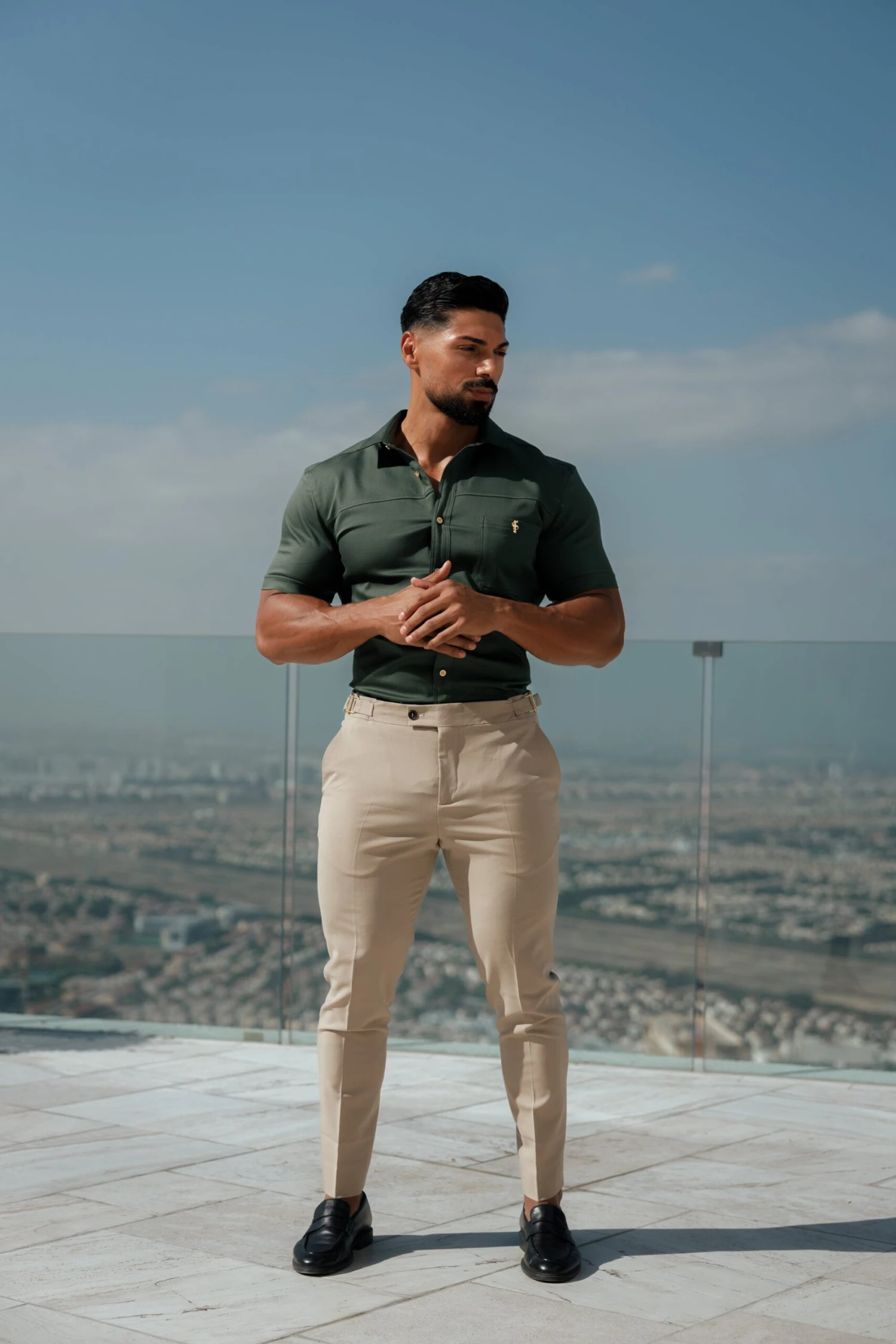 Father Sons Super Slim Stretch Khaki Denim Short Sleeve With Horizontal Seam And Pocket- FS958 - Image 5