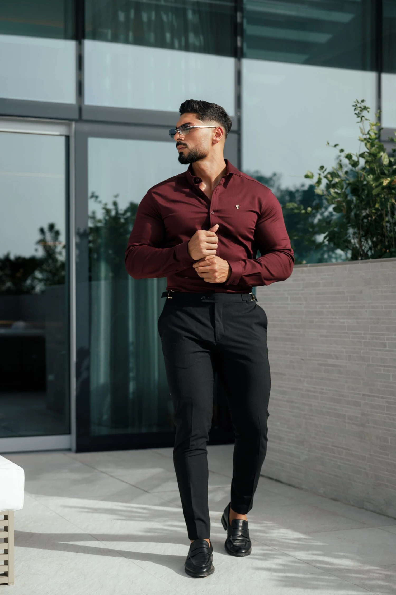 Father Sons Super Slim Stretch Burgundy Denim Long Sleeve With Gold Metal Decal And Button Down Collar - FS1046 - Image 7