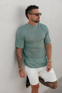 Father Sons Crochet Crew T-Shirt Light Green Short Sleeve - FSJ091