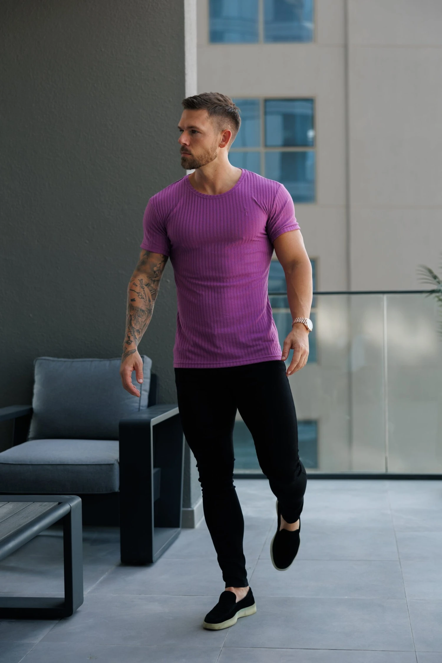 Father Sons Classic Light Purple Ribbed Knit Super Slim Short Sleeve Crew - FSH1161 - Image 11