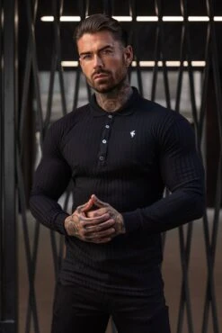 Father Sons Classic Black Ribbed Polo Shirt Long Sleeve With Silver Decal - FSH967