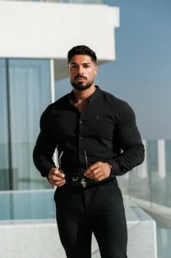 FS Classic Stretch Black LS With Grandad Collar - FS1078