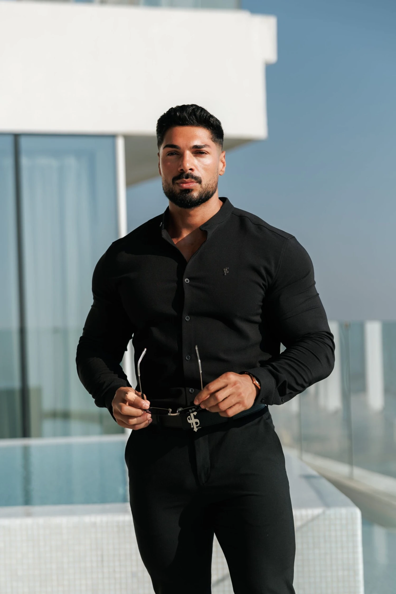 FS Classic Stretch Black LS With Grandad Collar - FS1078