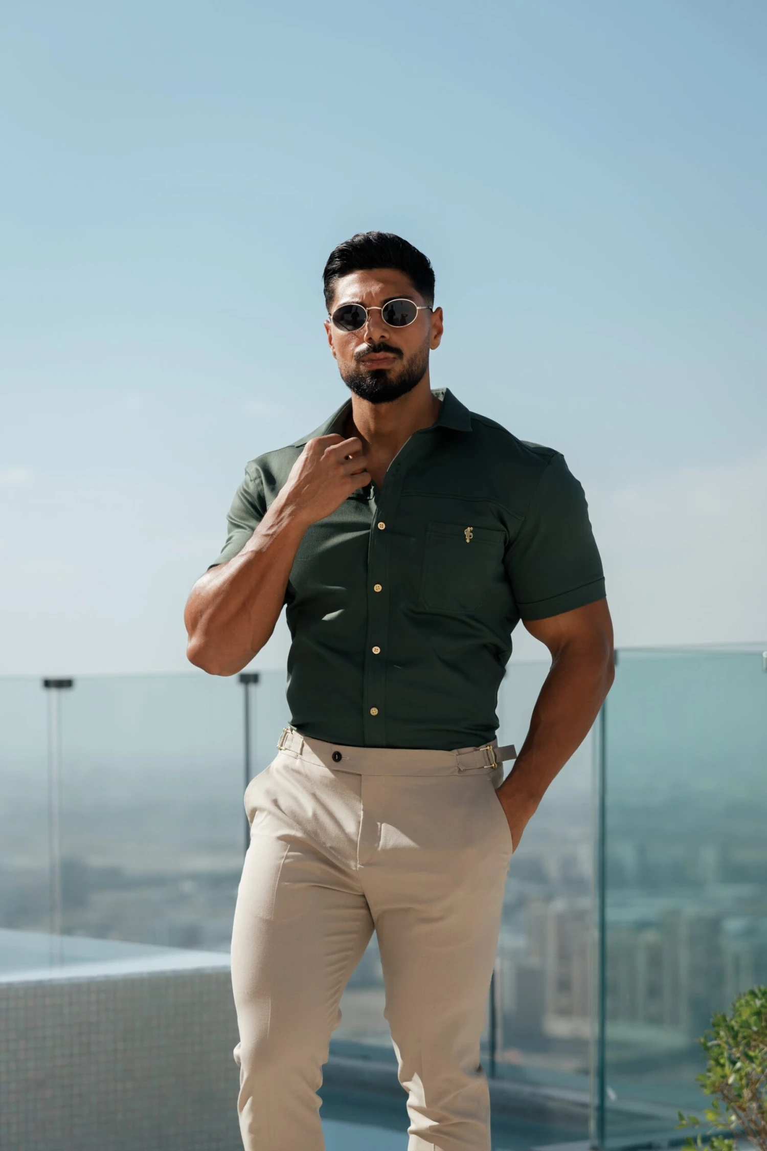 Father Sons Super Slim Stretch Khaki Denim Short Sleeve With Horizontal Seam And Pocket- FS958 - Image 3