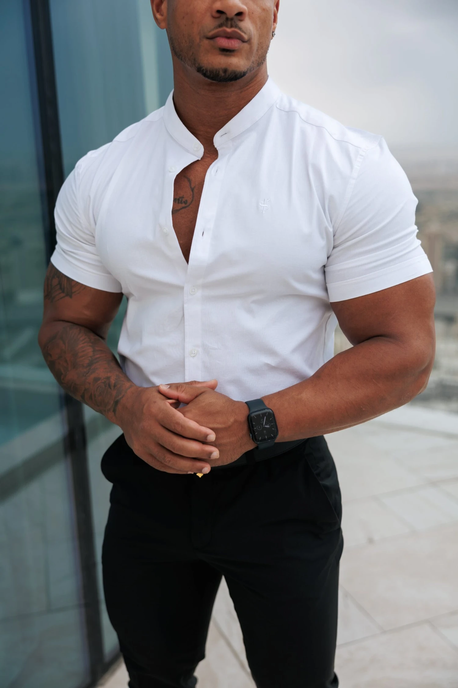 Father Sons Super Slim Stretch Classic All White Grandad Collar Short Sleeve - FS580 - Image 3