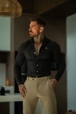 Father Sons Stretch Black Pique Revere Shirt Long Sleeve - FSH1207