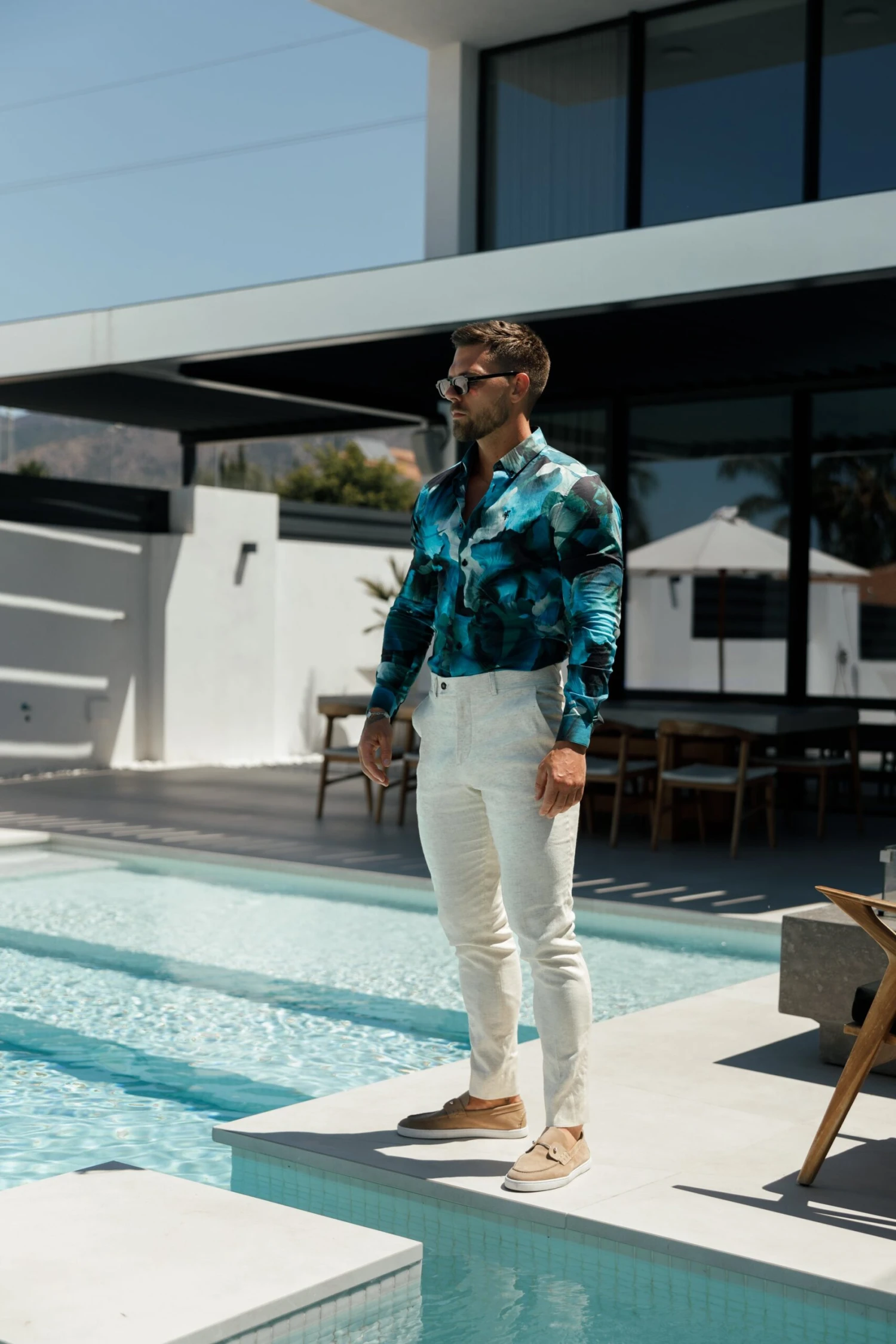 Classic Stretch LS Blue / Green Marine Print Button Down Collar - FS1109 - Image 13