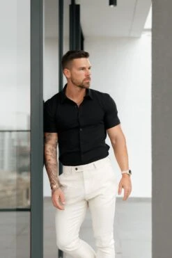 Father Sons Super Slim Scuba Black Short Sleeve Stretch With Back Box Pleat And Side Seam Detail - FS999