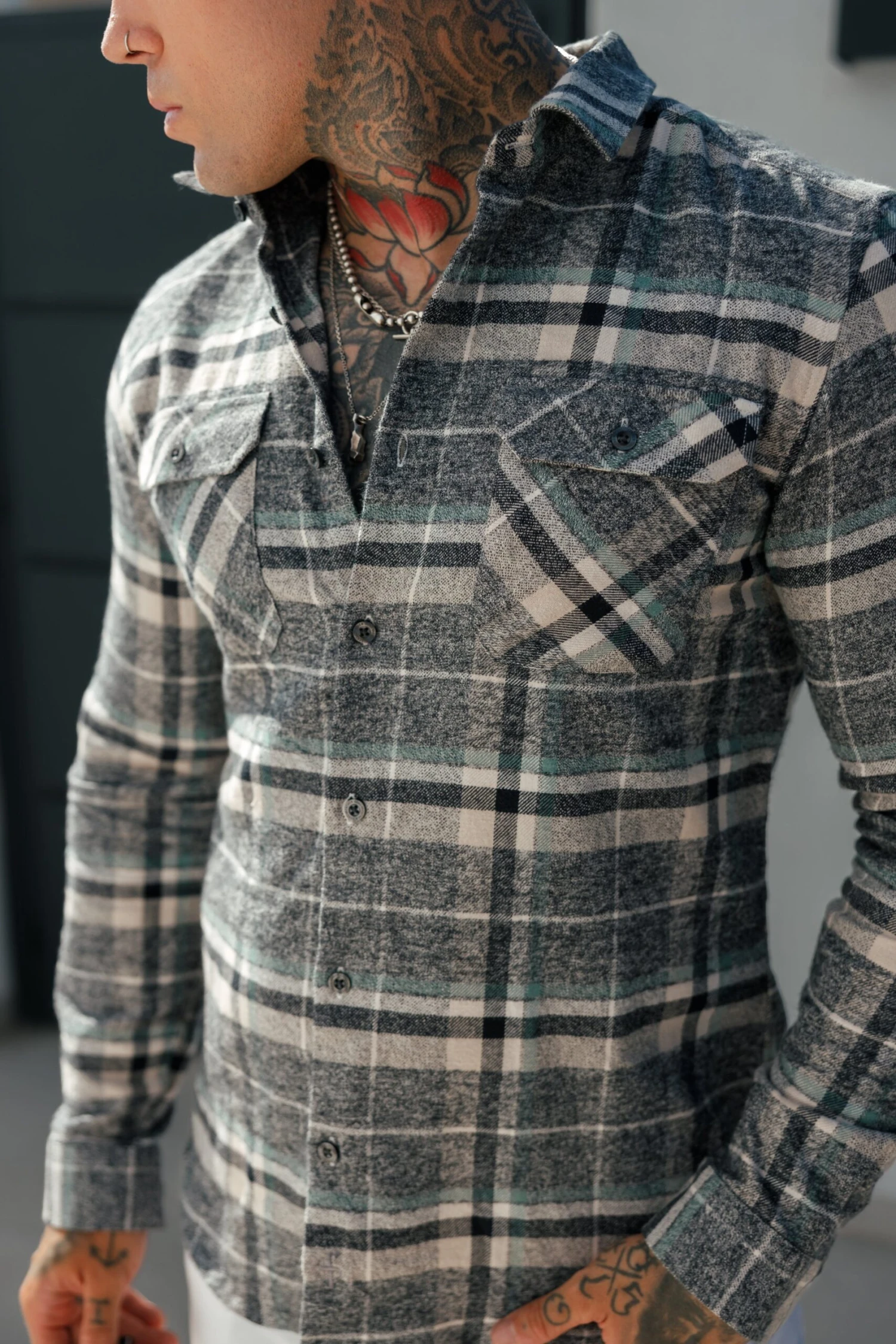 FS Sage / Grey Check Shacket With Double Pockets - FS1075 - Image 5