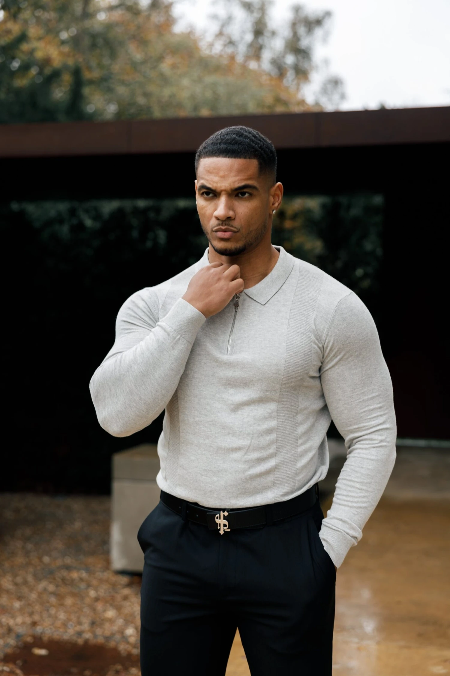 Father Sons Classic Grey Marl And Silver Zip Knitted Polo Shirt Long Sleeve - FSN127 - Image 4