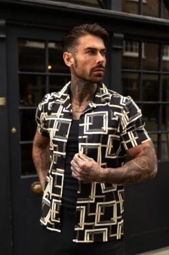 Father Sons Hawaiian Boxy Black / Cream Interlinked Square Print Stretch With Revere Collar Short Sleeve - FS997