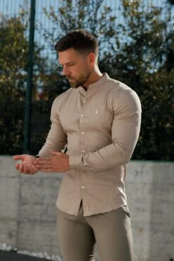 Father Sons Super Slim Stretch Taupe Printed Pinstripe Long Sleeve With Grandad Collar - FS1057