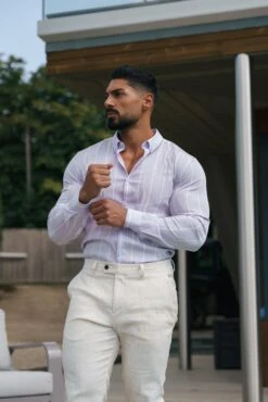 Father Sons Super Slim Stretch Lilac Printed Wide Stripe Long Sleeve With Button Down Collar - FS1067