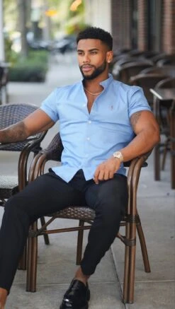 Father Sons Super Slim Stretch Light Blue Denim Short Sleeve Grandad Collar With Silver Metal Buttons And Decal Emblem - FS718