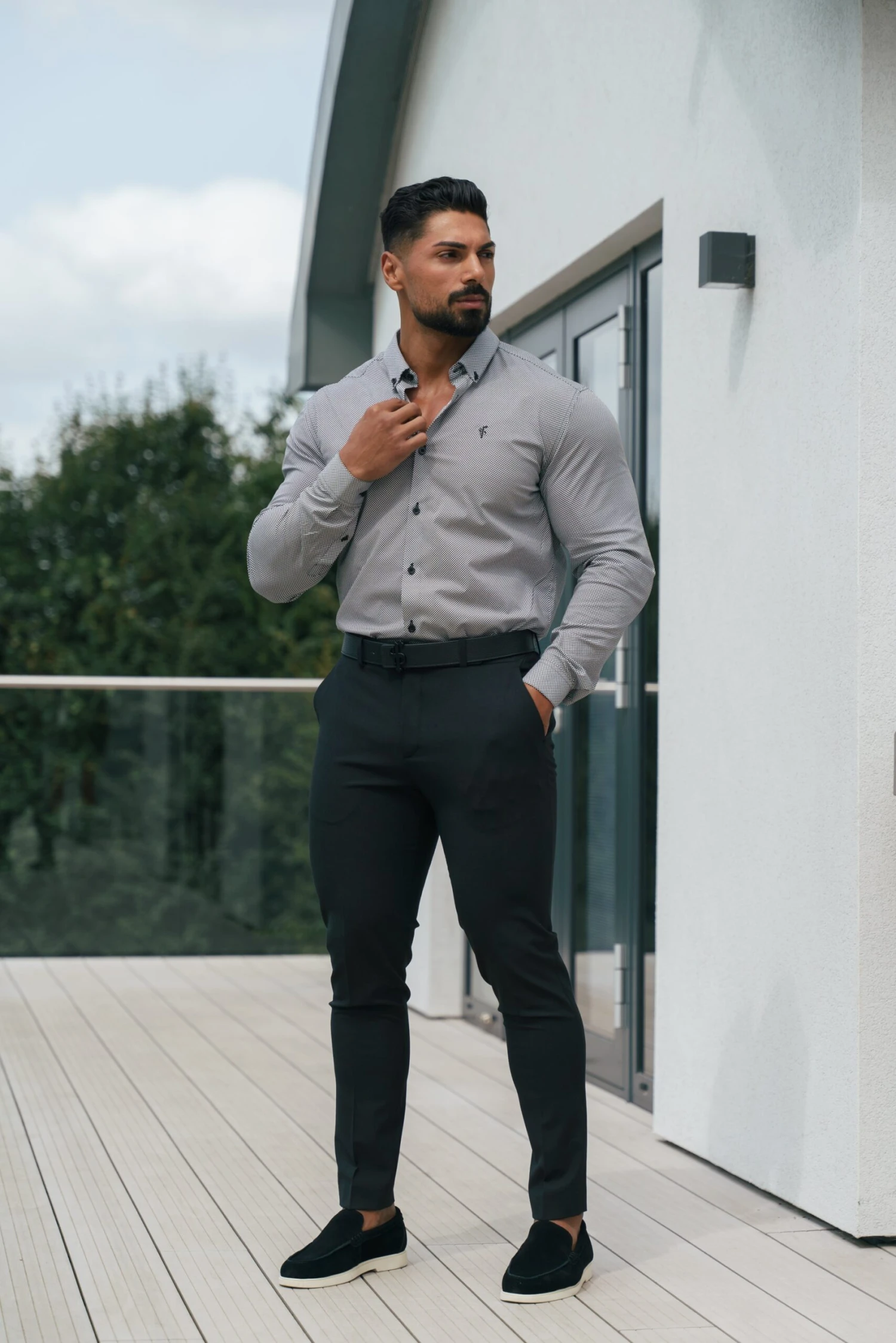 Classic Stretch LS Black Optical Spot Print Button Down Collar - FS1107 - Image 6