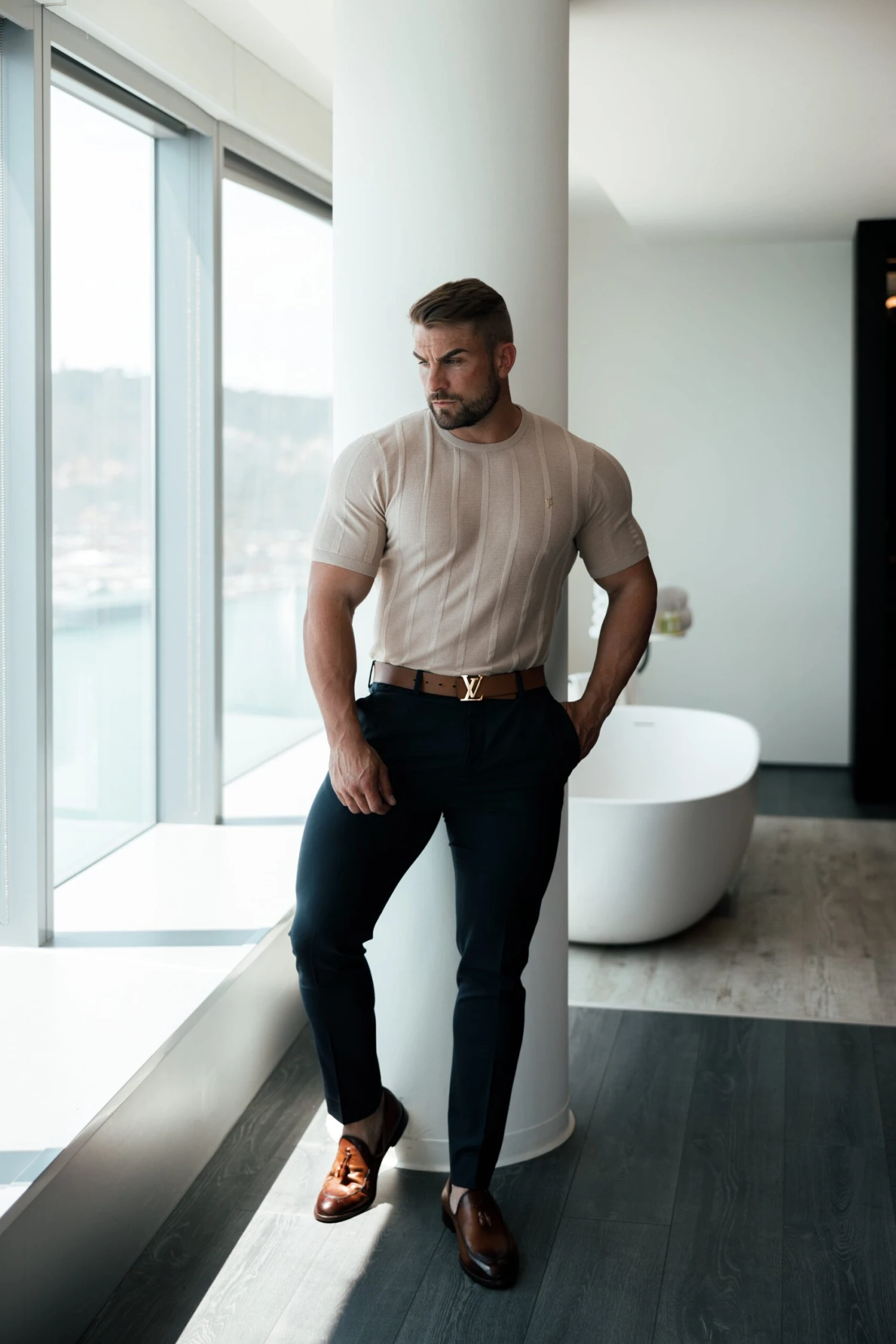 Father Sons Classic Short Sleeve Oatmeal Knitted Wide Rib Crew With Gold Emblem - FSH741 - Image 5