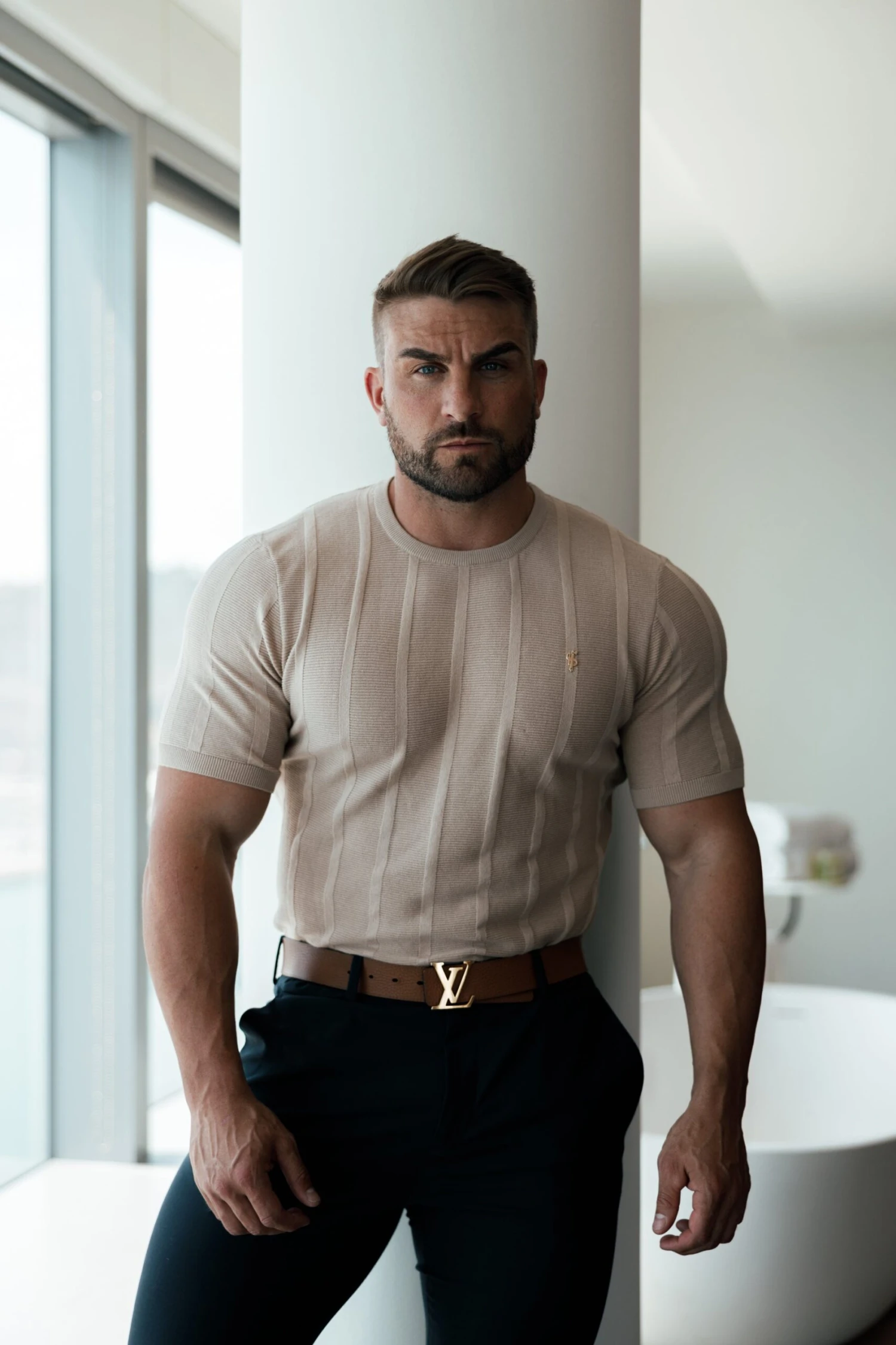 Father Sons Classic Short Sleeve Oatmeal Knitted Wide Rib Crew With Gold Emblem - FSH741 - Image 4