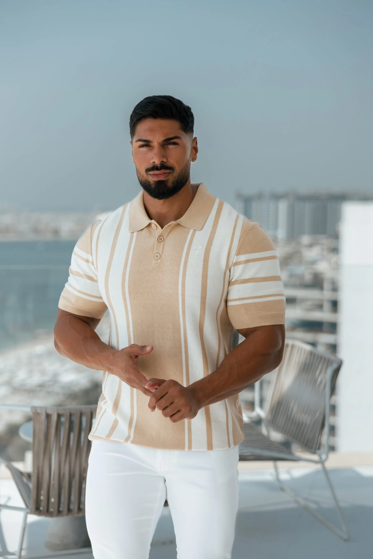 Father Sons Classic Beige / Off White Knitted Vertical Stripe Polo Short Sleeve - FSN107 - Image 2