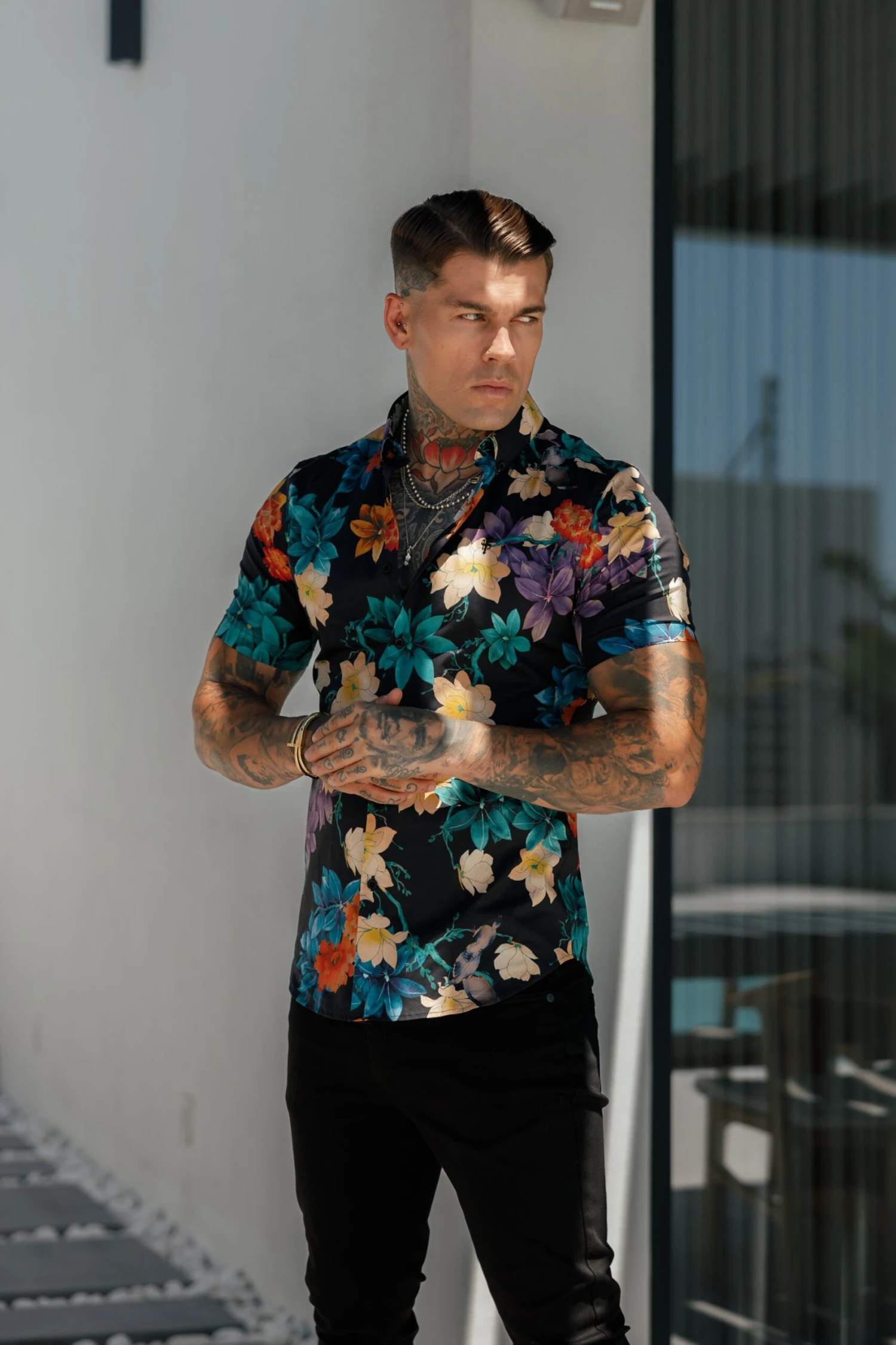 Classic Stretch SS Black Vibrant Floral Print Button Down Collar - FS1104 - Image 6