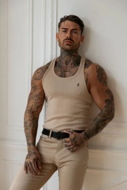 Father Sons Classic Beige / Black Ribbed Knit Super Slim Vest - FSH1324