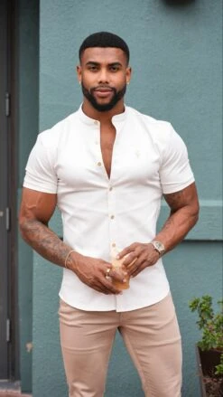 Father Sons Super Slim Stretch Cream Denim Short Sleeve With Grandad Collar And Gold Metal Buttons And Decal - FS971