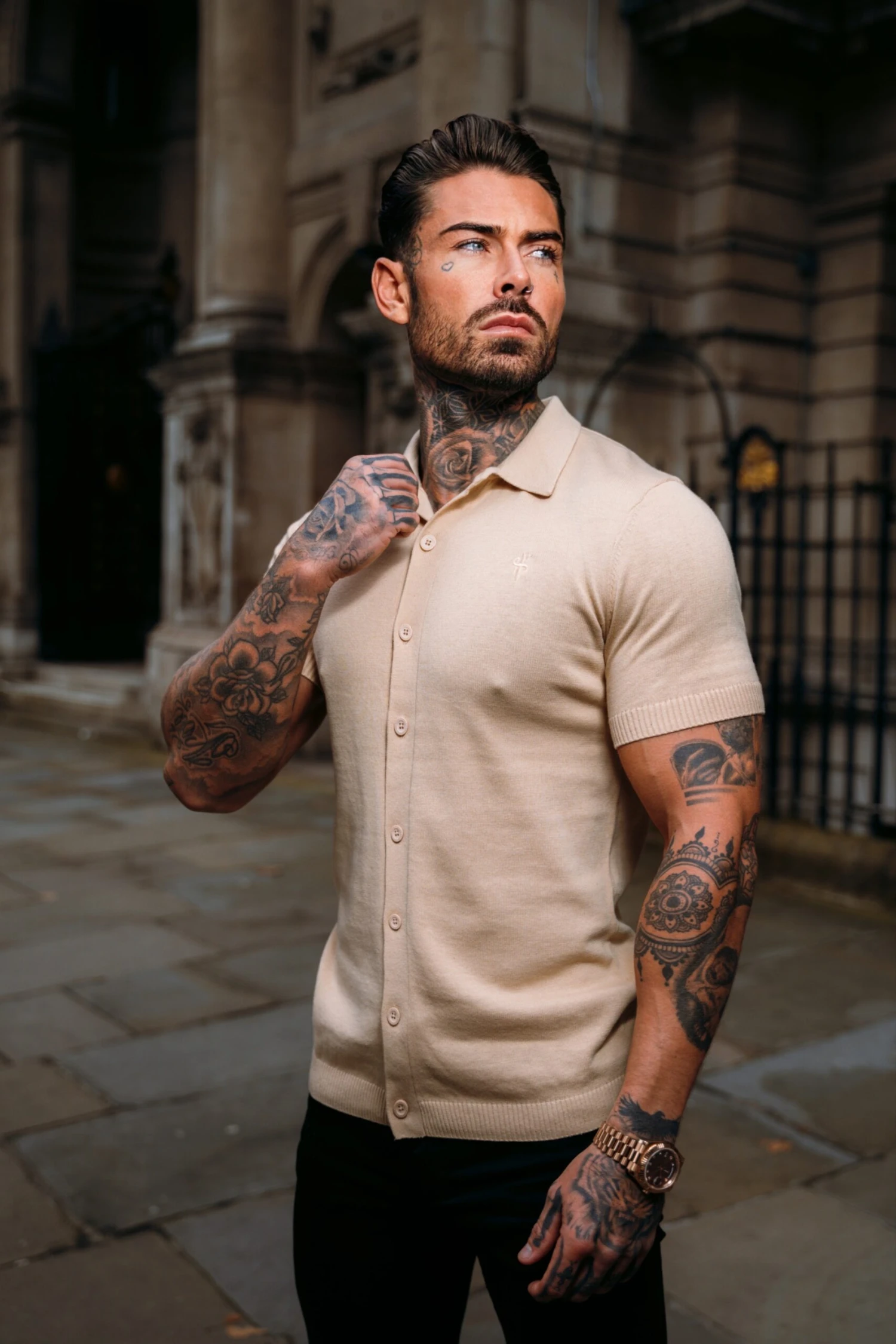 Father Sons Classic Plain Beige Knitted Button Through Polo Short Sleeve - FSN104 - Image 3