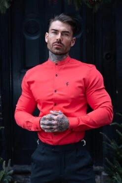 Father Sons Super Slim Denim Red Long Sleeve Stretch With Grandad Collar - FS1039