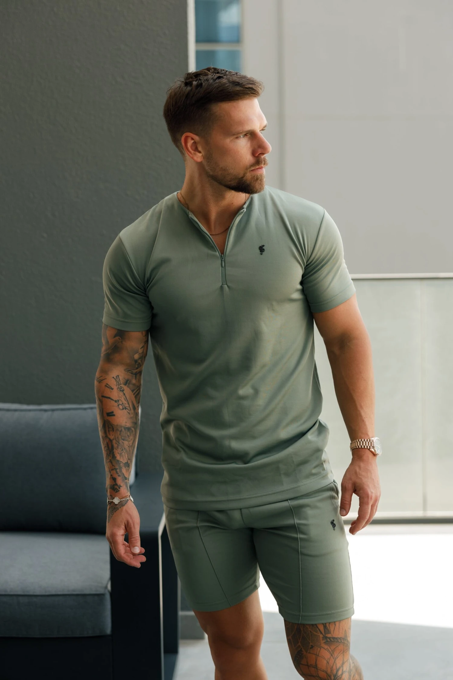 Father Sons Scuba Olive / Black Elasticated Drawstring Pintuck Shorts - FSH1113 - Image 4