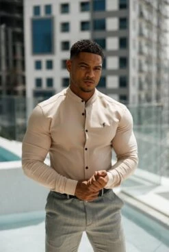 Father Sons Super Slim Scuba Beige Long Sleeve Stretch With Grandad Collar - FS941