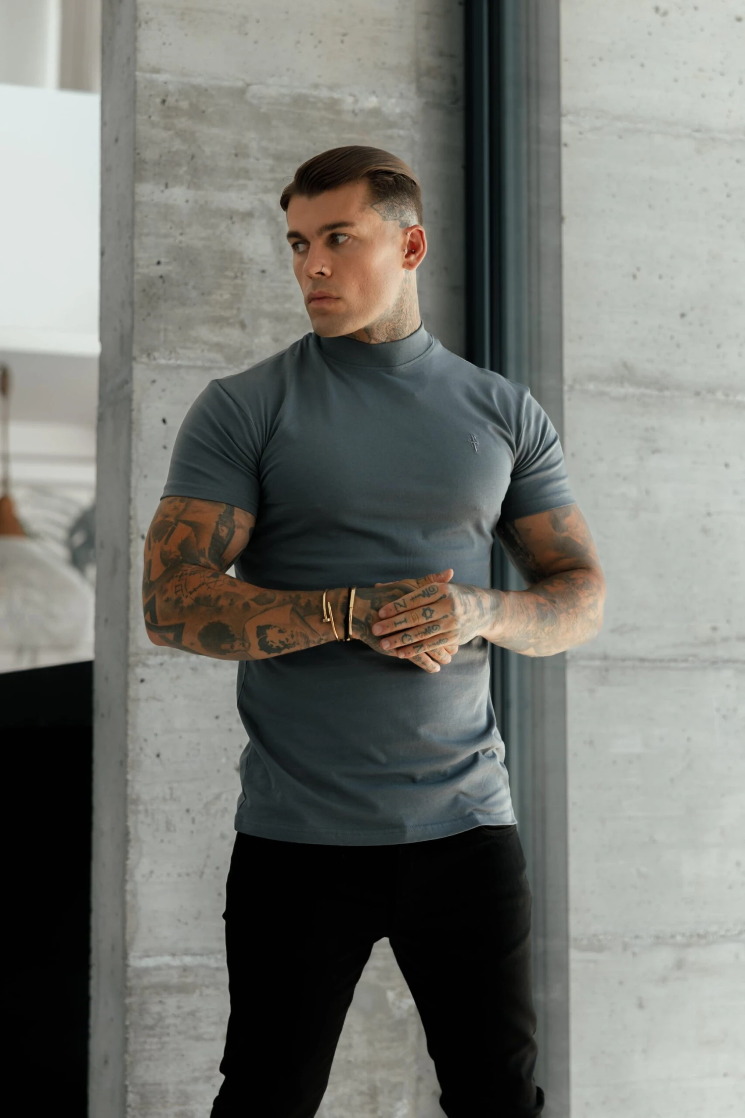 Father Sons Ribbed High Neck Crew T-Shirt Short Sleeve Charcoal - FSH1115 - Image 2