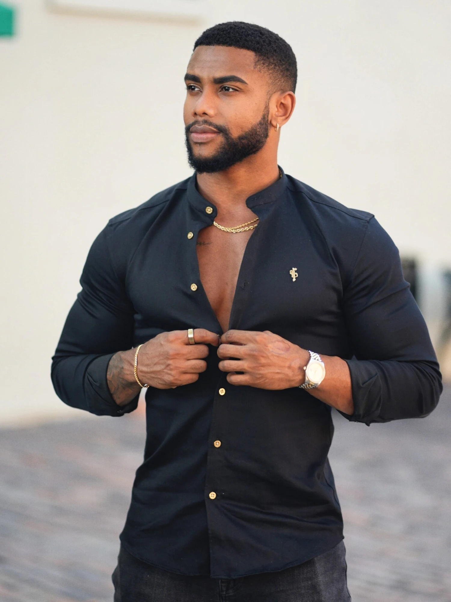 Father Sons Super Slim Stretch Black Denim Long Sleeve Grandad Collar With Metal Buttons And Decal Emblem - FS707 - Image 7