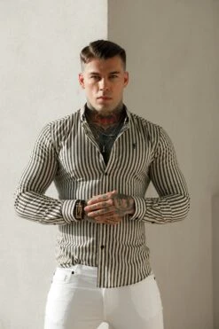 Father Sons Super Slim Stretch Cream / Black Double Stripe Print Long Sleeve With Button Down Collar - FS916