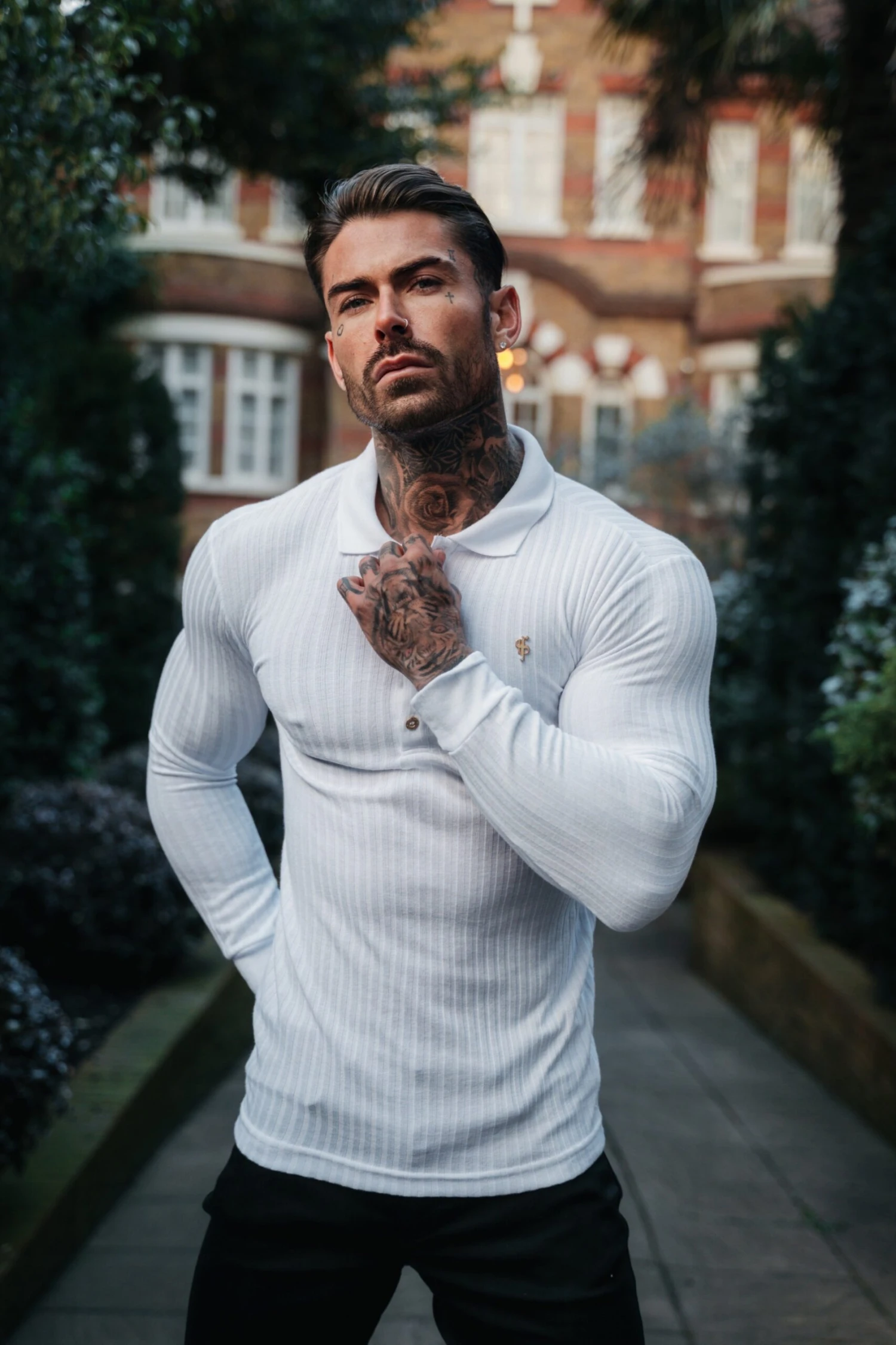 Father Sons Classic White Ribbed Polo Shirt Long Sleeve With Gold Decal - FSH975 - Image 2