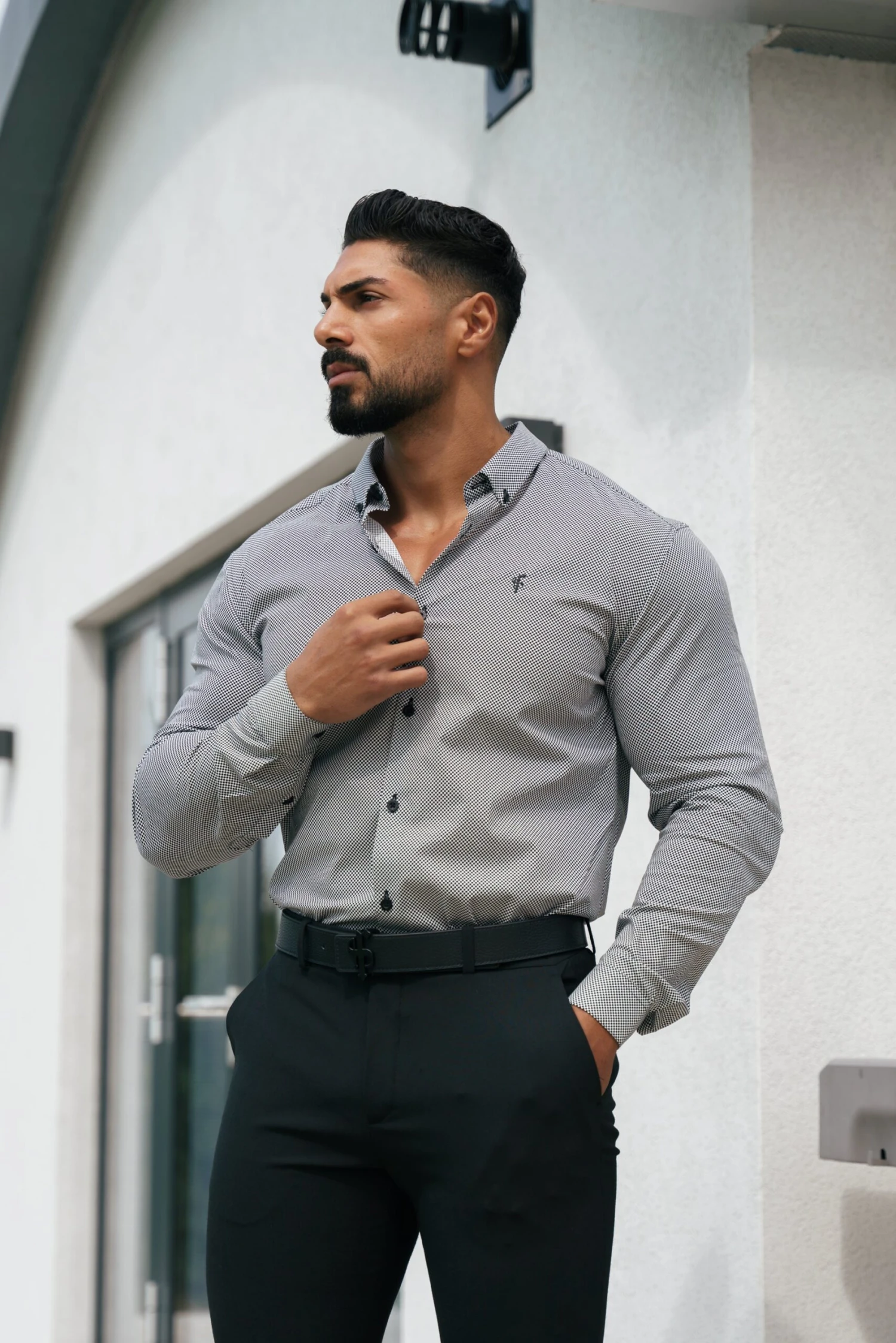 Classic Stretch LS Black Optical Spot Print Button Down Collar - FS1107 - Image 9