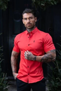 Father Sons Super Slim Denim Red Short Sleeve Stretch With Button Down Collar - FS1038