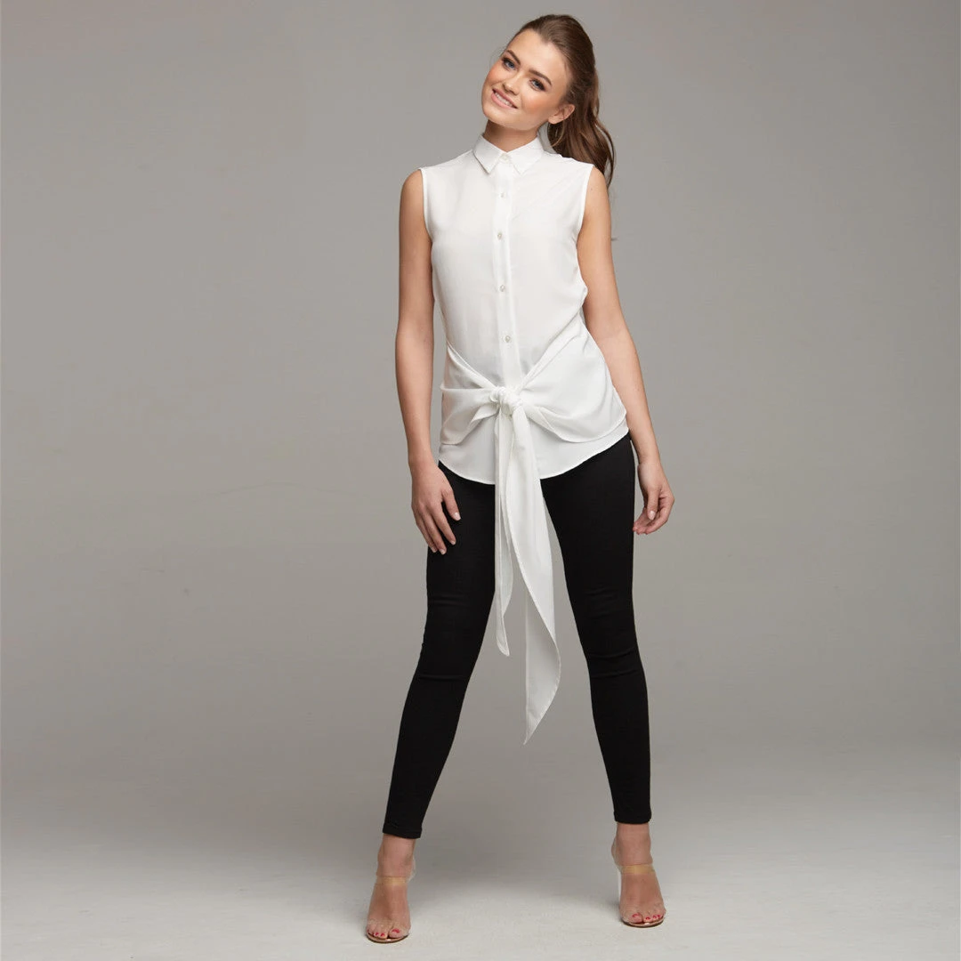QUINN ECRU TIE FRONT SLEEVELESS SHIRT - CT029 - Image 2