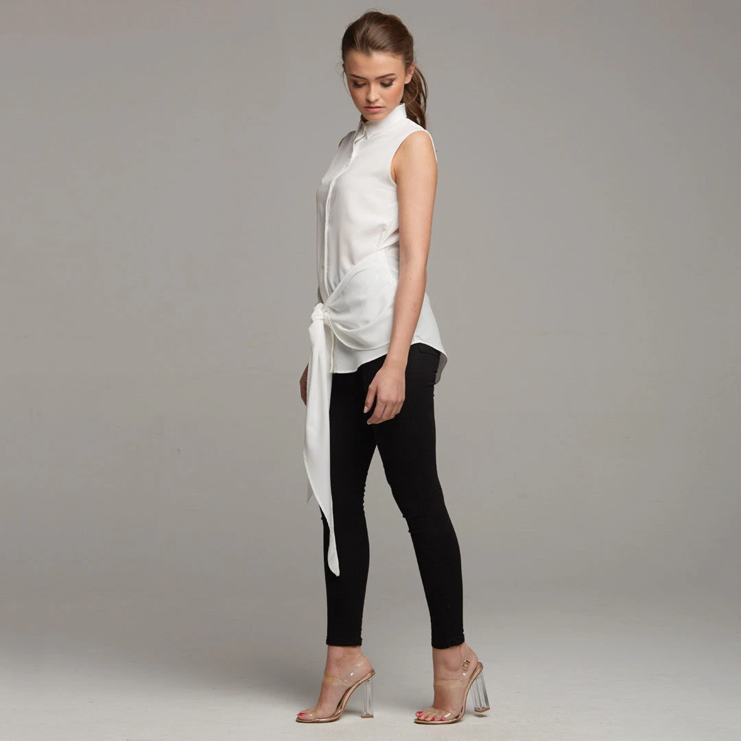 QUINN ECRU TIE FRONT SLEEVELESS SHIRT - CT029 - Image 3