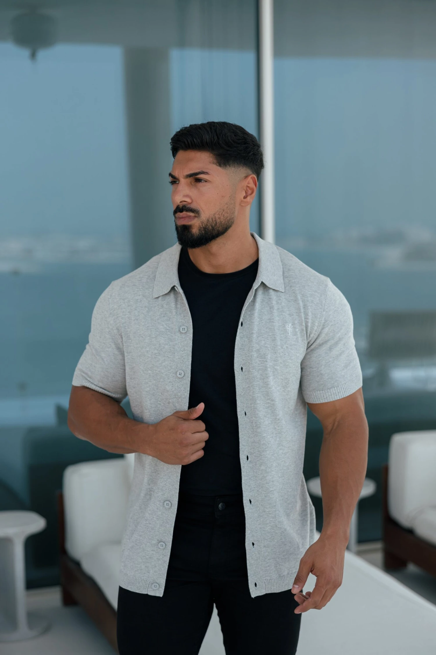 Father Sons Classic Plain Light Grey Knitted Button Through Polo Short Sleeve - FSN102 - Image 5