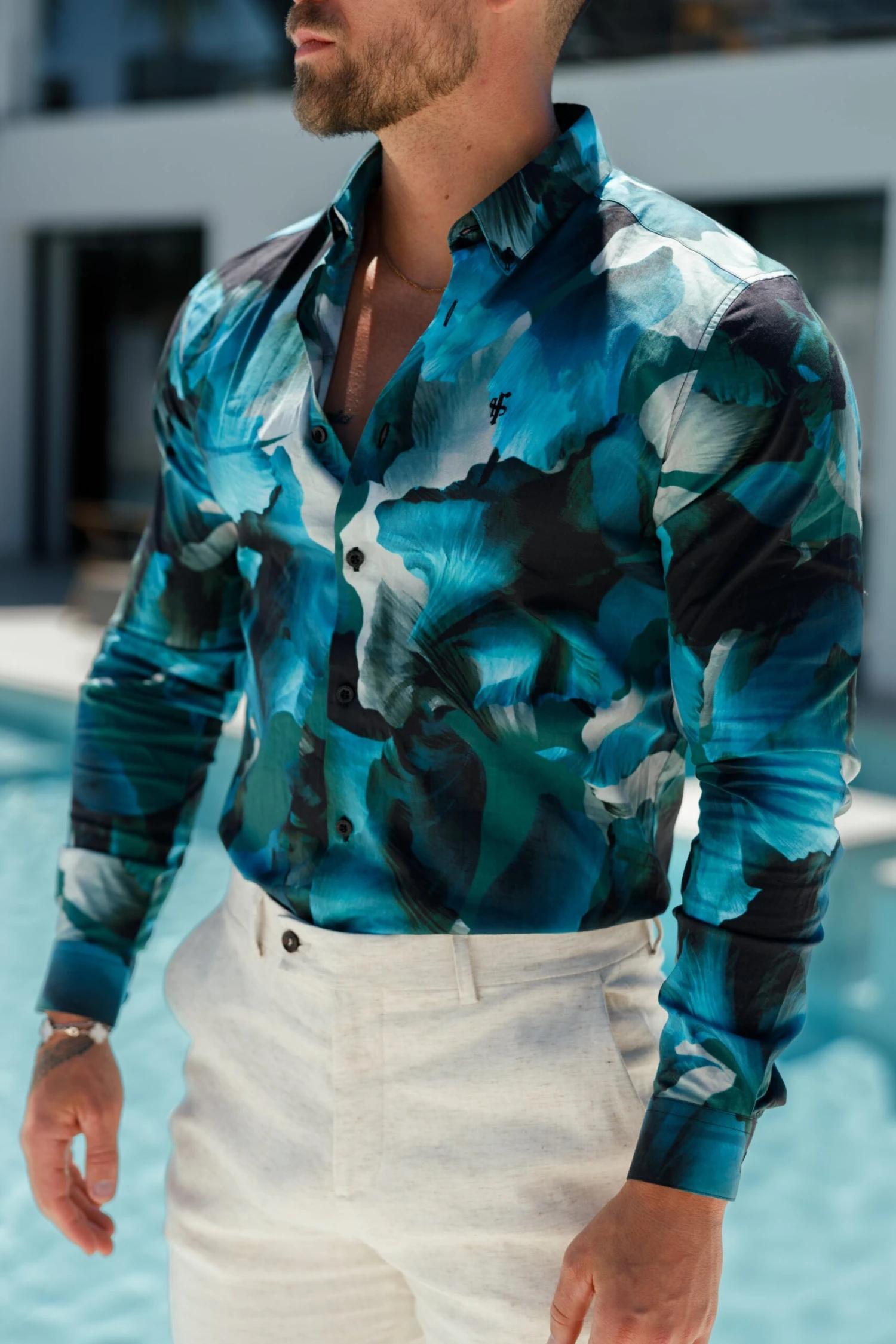 Classic Stretch LS Blue / Green Marine Print Button Down Collar - FS1109 - Image 3