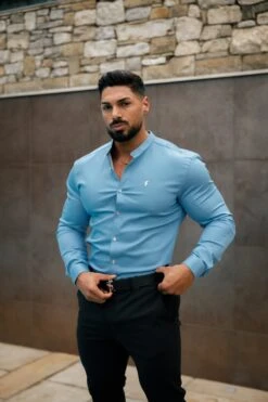 Father Sons Super Slim Stretch Light Blue Denim Long Sleeve Grandad Collar With Metal Buttons And Decal Emblem - FS717