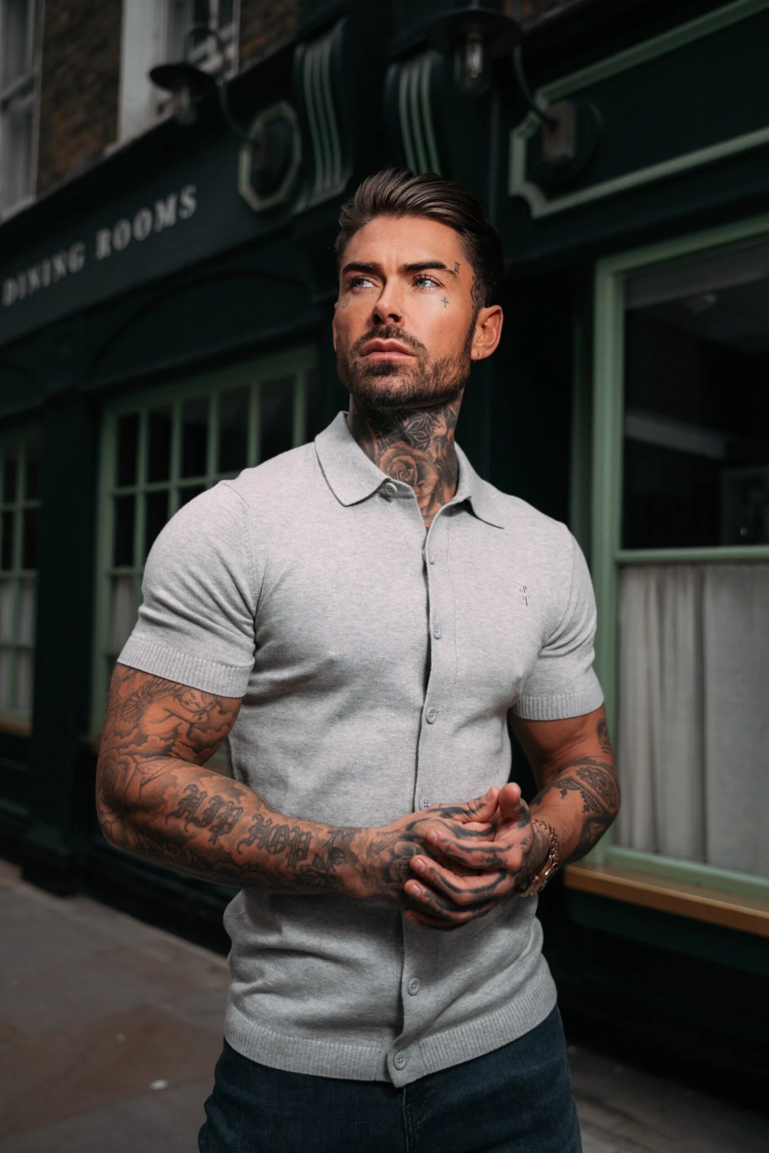 Father Sons Classic Plain Light Grey Knitted Button Through Polo Short Sleeve - FSN102 - Image 3