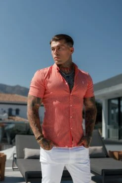Father Sons Super Slim Stretch Coral Printed Pinstripe Short Sleeve With Button Down Collar - FS1062