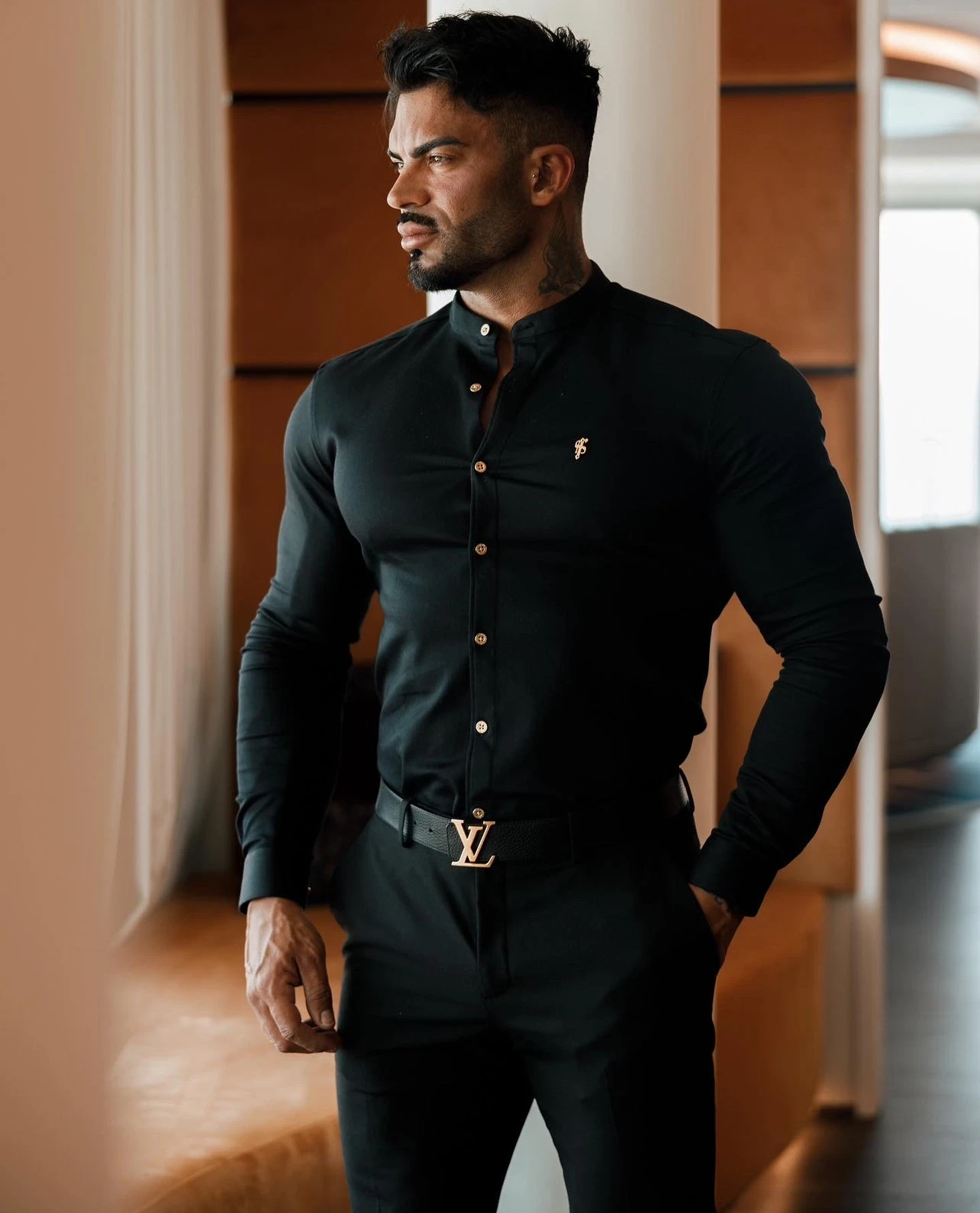 Father Sons Super Slim Stretch Black Denim Long Sleeve Grandad Collar With Metal Buttons And Decal Emblem - FS707