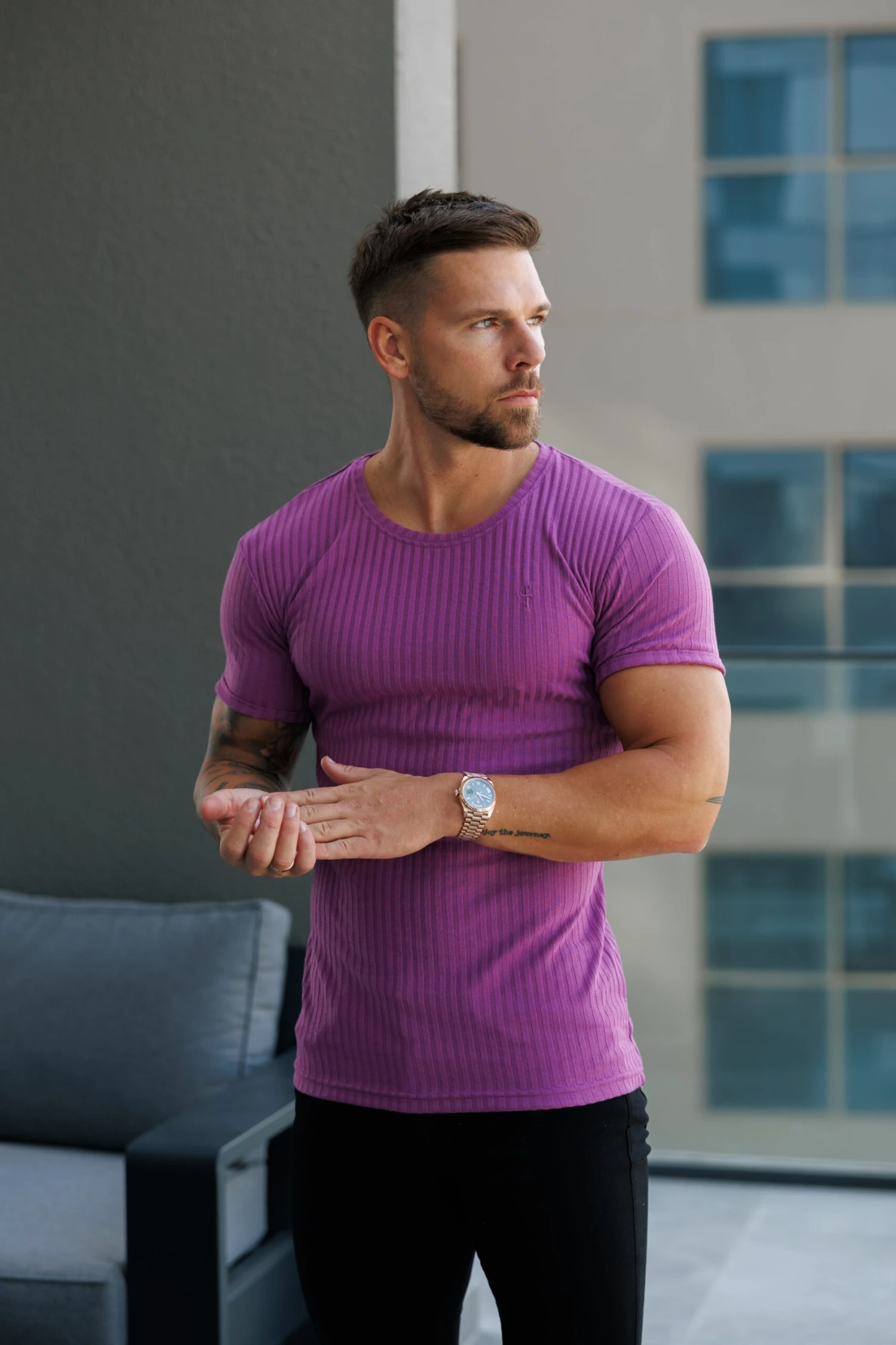 Father Sons Classic Light Purple Ribbed Knit Super Slim Short Sleeve Crew - FSH1161 - Image 8