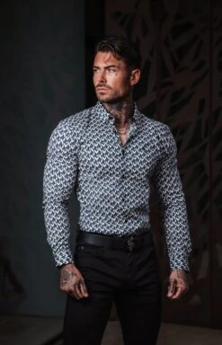 Father Sons Super Slim Stretch Blue / Beige Chevron Print Long Sleeve With Button Down Collar - FS902